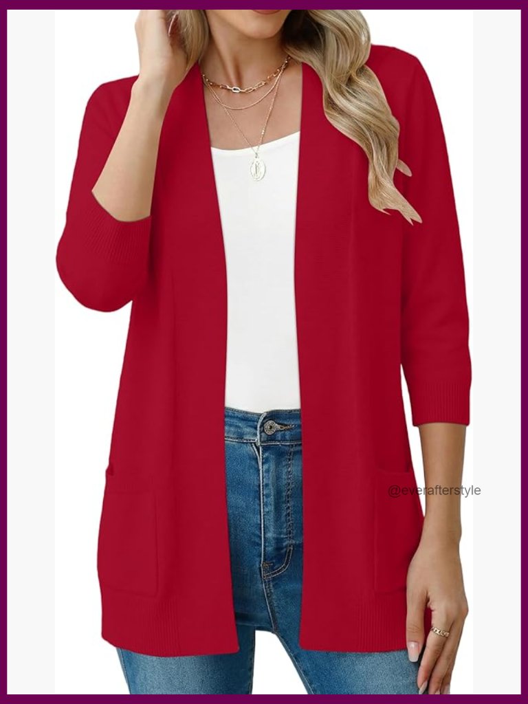 Lightweight Open Front Cardigan With Pockets 3/4 Sleeve V-Neck Knit